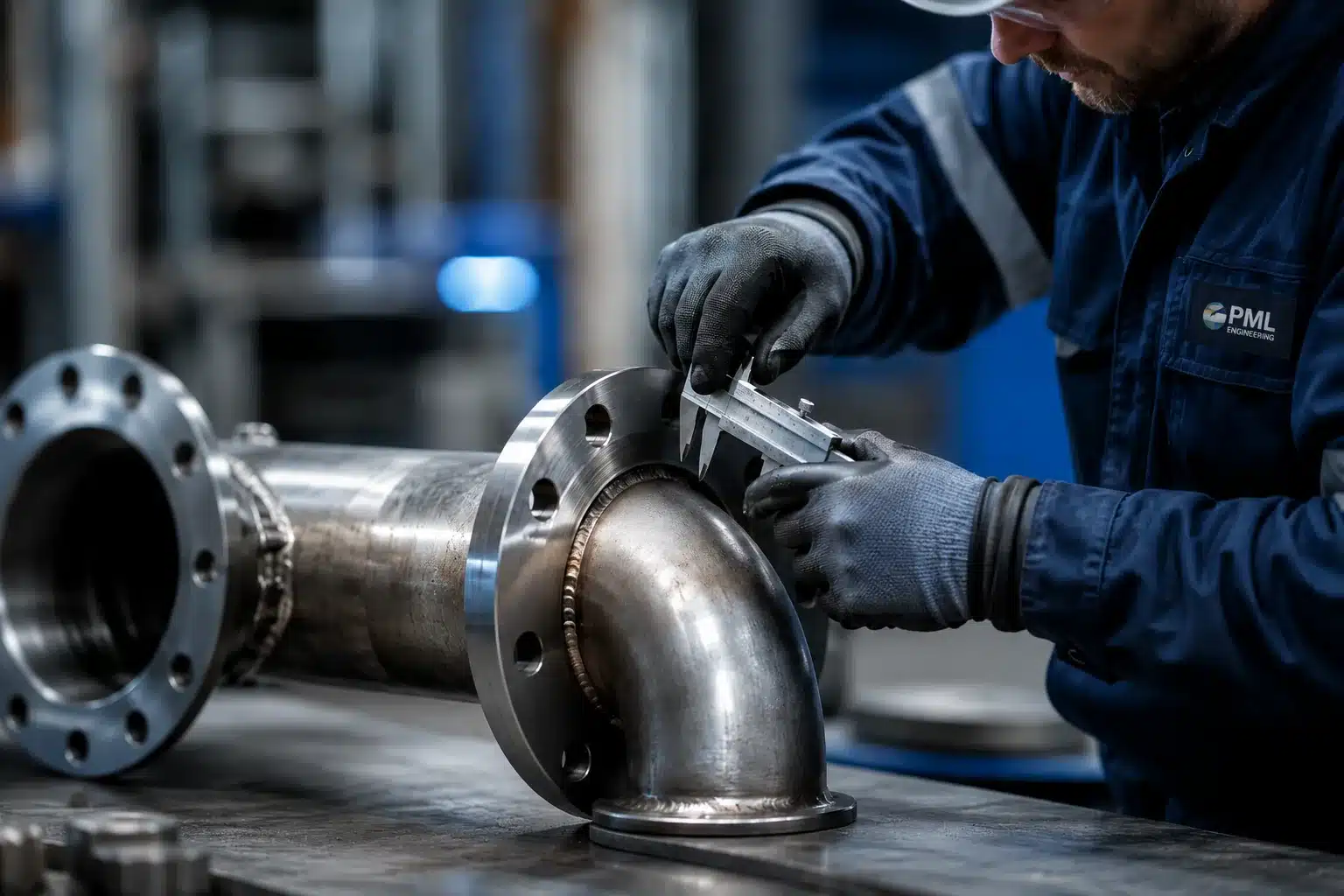PML Engineering company engineer inspecting precision fabricated pipework with calipers