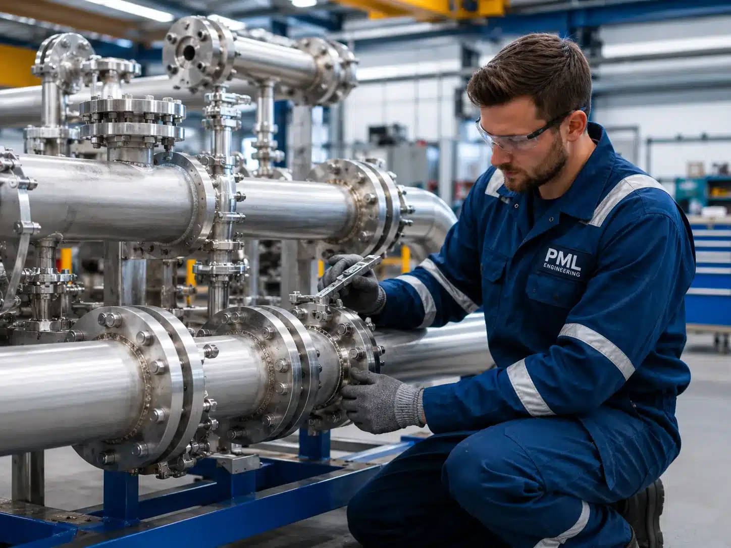 PML Engineering engineer inspecting industrial process pipework in a fabrication workshop