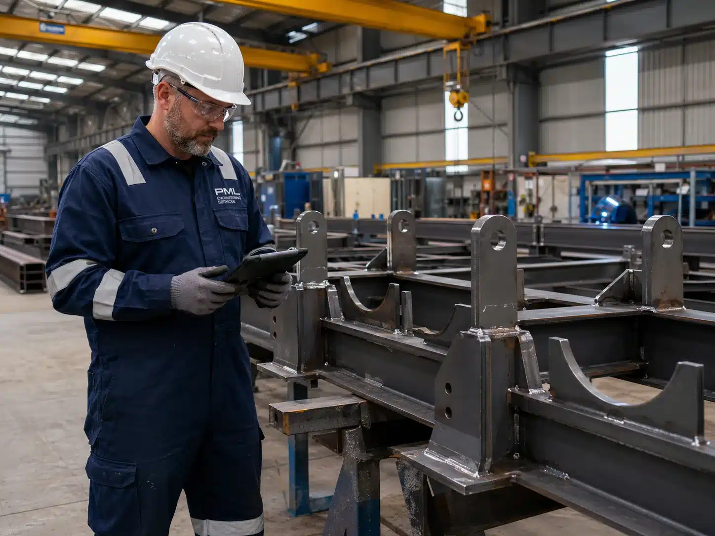 PML Engineering engineer inspecting structural steel pipe supports in an industrial workshop