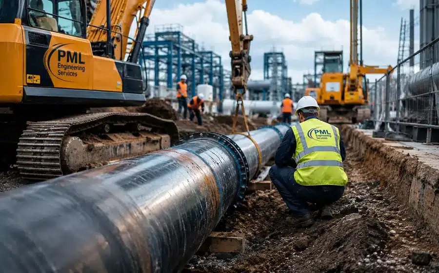 Industrial pipework installation on a construction site